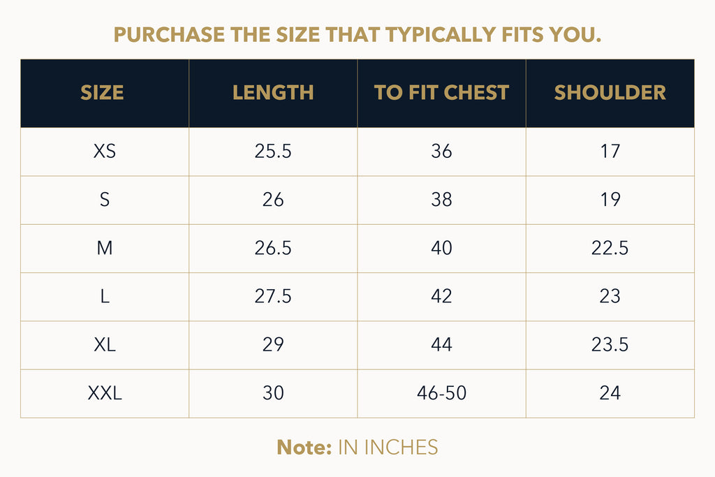 Product size chart and measurements